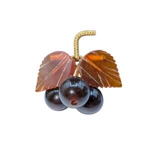Vintage USSR 1980s Baltic Amber Cherry Gold Plated Brass Frame Brooch